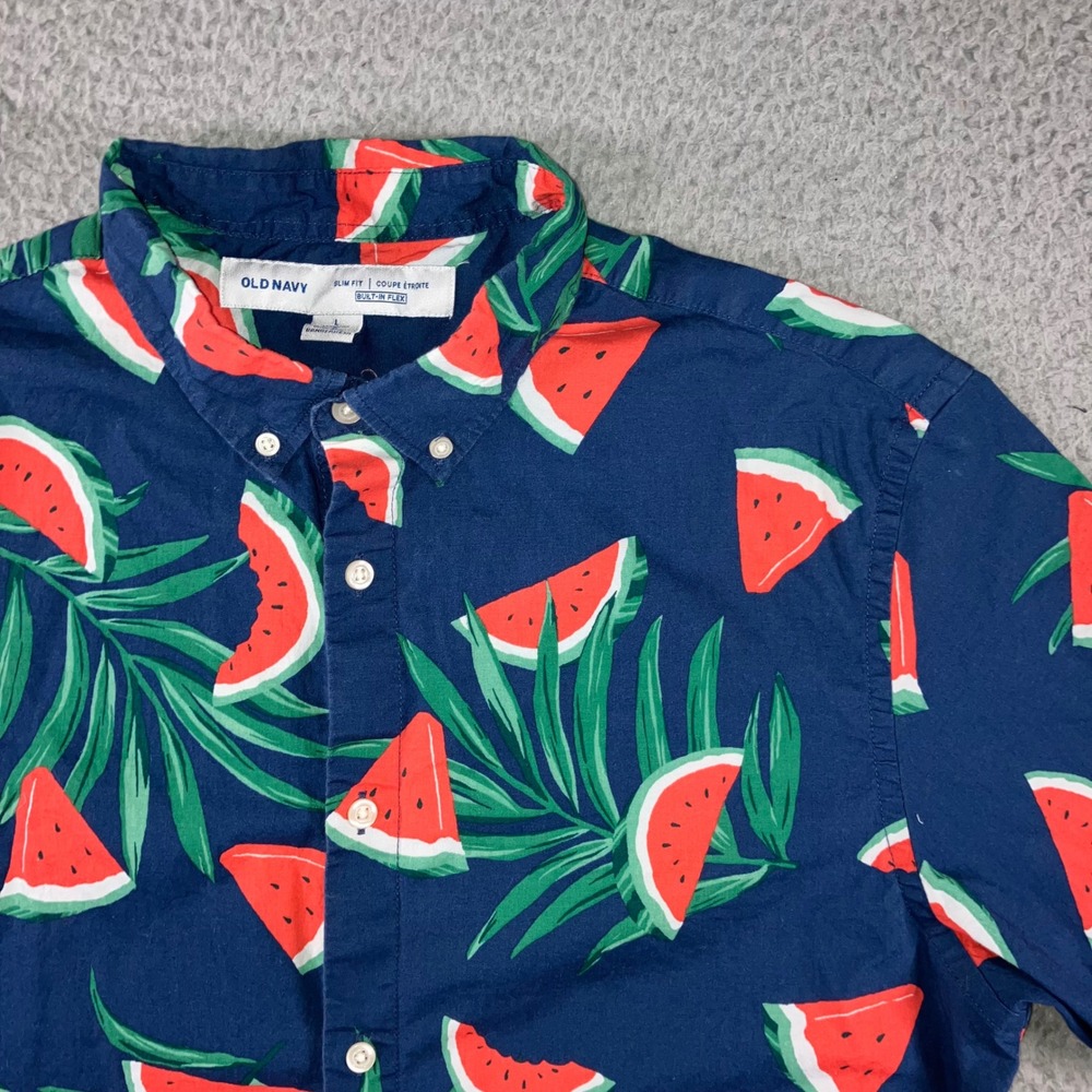 Old Navy Button Graphic Button Up Shirt Men M Watermelon Palm Leaf Vaca Beach